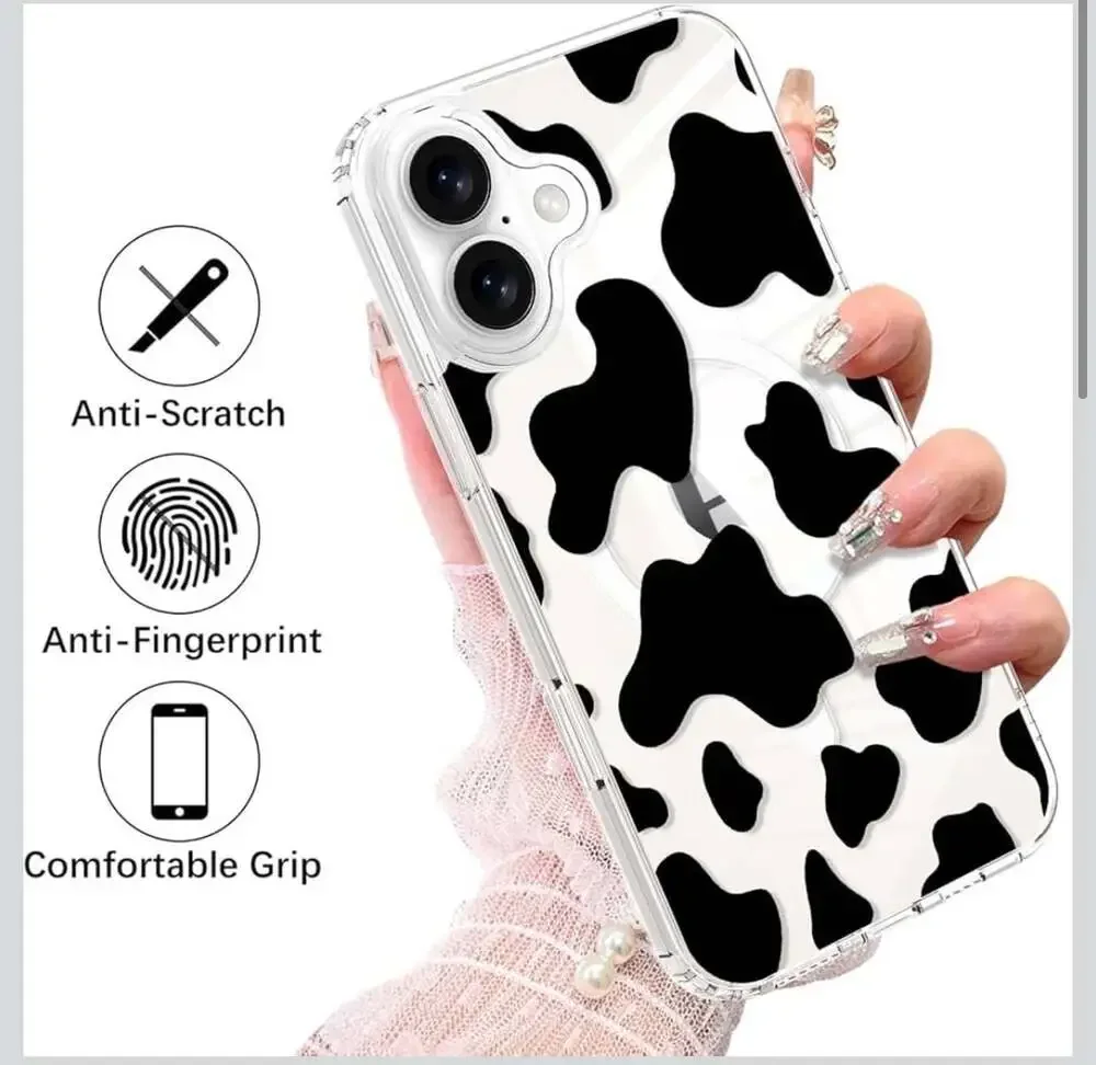 KANGHAR Magnetic Cow Print Case for iPhone - Cute Clear MagSafe Pattern Soft TPU
